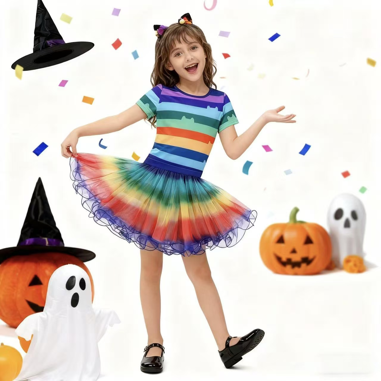 Summer Clothing For Kids Girls - Kızlar Gökkuşağı Çizgili T-Shirt Tutu Etek