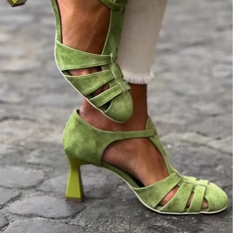 Summer Clothing Stores - Kadın Yeşil Süet Kitten Topuklu T-Askılı