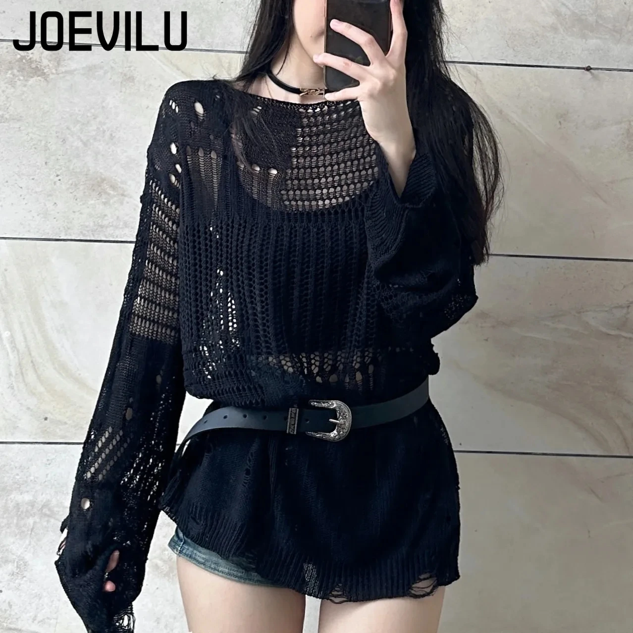 JOEVILU Içi Boş Örgü Bluz Yaz  - Summer Goth Clothing incelemesi ve fiyatı